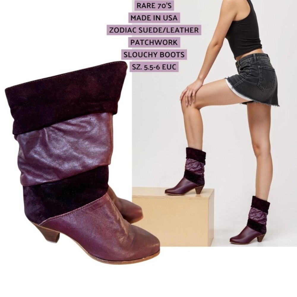 🍷 RARE Vintage 70s/80s Zodiac USA Patchwork Slouch Boots SZ. 5.5-6